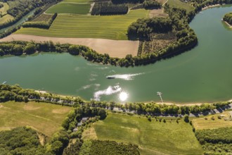 Aerial view, Hennetalsperre, Hennesee, excursion boat, Meschede, Sauerland, North Rhine-Westphalia,