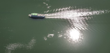 Aerial view, Hennetalsperre, Hennesee, excursion boat, Meschede, Sauerland, North Rhine-Westphalia,