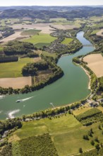 Aerial view, Hennetalsperre, Hennesee, excursion boat, holiday home complex Hennestrand, KNAUS