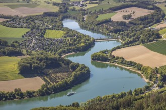 Aerial view, Hennetalsperre, Hennesee, excursion boat, holiday home complex Hennestrand, KNAUS