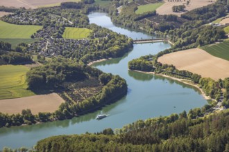 Aerial view, Hennetalsperre, Hennesee, excursion boat, holiday home complex Hennestrand, Meschede,