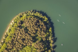 Aerial view, Hennetalsperre, Hennesee, Meschede, Sauerland, North Rhine-Westphalia, Germany, DE,