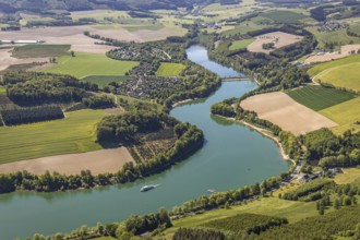 Aerial view, Hennetalsperre, Hennesee, excursion boat, holiday home complex Hennestrand, KNAUS