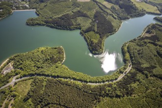 Aerial view, Hennetalsperre, Hennesee, Meschede, Sauerland, North Rhine-Westphalia, Germany, DE,