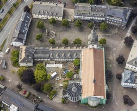 Aerial view, Catholic parish church St. Walburga, construction site renovation, war memorial,