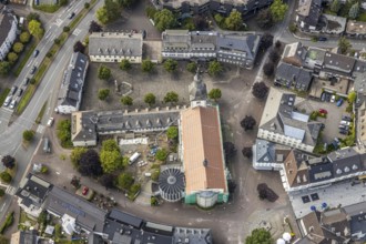 Aerial view, Catholic parish church of St. Walburga, construction site renovation, war memorial,