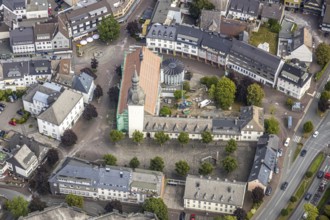 Aerial view, Catholic parish church St. Walburga, construction site renovation, war memorial,