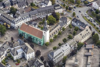 Aerial view, Catholic parish church St. Walburga, construction site renovation, war memorial,
