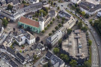 Aerial view, Catholic parish church St. Walburga, construction site renovation, war memorial,