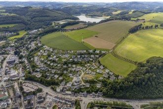 Aerial view, town view, Meschede, planned building area near Langelohweg, Hennesee, Hennetalsperre,