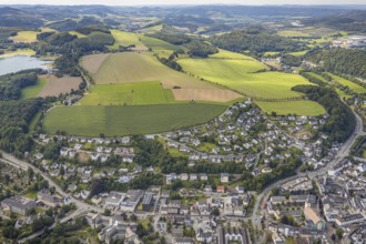 Aerial view, town view, Meschede, planned building area near Langelohweg, Sauerland,
