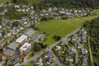 Aerial view, grammar school of the city of Meschede, meadow area Schederweg, planned building area