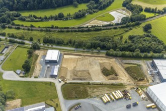 Aerial view, construction site new building Lausberg Kunststofftechnik, industrial estate