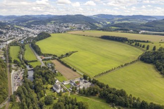 Aerial view, possible building area, Laer Castle, river Ruhr, timber trade Schulte-Albert, meadows