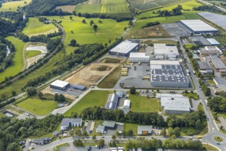 Aerial view, construction site new building Lausberg Kunststofftechnik, industrial estate