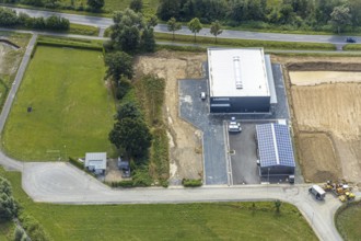 Aerial view, construction site new building Lausberg Kunststofftechnik, industrial estate