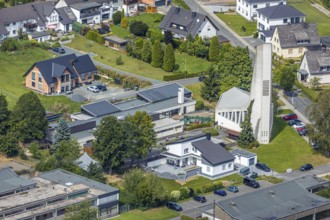 Aerial view, former JohannesKirche becomes holiday flat, Evang. Johannes-Kindergarten, Meschede,