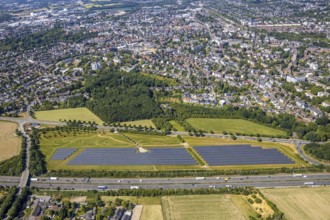 Aerial photo, motorway A40, solar plant, Vinn, Mörs, Ruhr area, North Rhine-Westphalia, Germany,