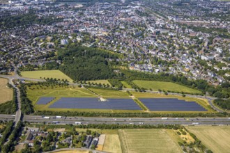 Aerial photo, motorway A40, solar plant, Vinn, Mörs, Ruhr area, North Rhine-Westphalia, Germany,