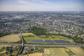 Aerial photo, motorway A40, solar plant, Vinn, Mörs, Ruhr area, North Rhine-Westphalia, Germany,