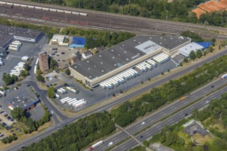 Aerial view, motorway A40, Venloher Straße, Ruhrorter Straße, EDEKA Frischecenter Mörs, logistics