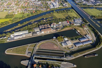 Aerial view, waterway junction Minden, river Weser, Mittellandkanal, Nordstadt, Minden,
