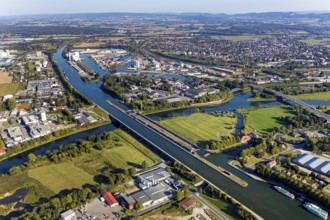 Aerial view, waterway junction Minden, river Weser, Mittellandkanal, Nordstadt, Minden,