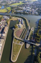 Aerial view, waterway junction Minden, river Weser, Mittellandkanal, Weserschleuse Minden,
