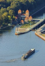 Aerial view, waterway junction Minden, Weserschleuse Minden, Nordstadt, Minden, Ostwestfalen-Lippe,