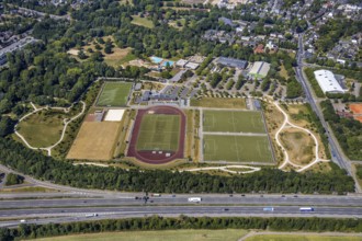 Aerial view, motorway junction 8 Mörs, motorway A40, Mörser TV Hockey, TPM Tennis-Park Mörs, Mörs,