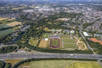 Aerial view, motorway junction 8 Mörs, motorway A40, Mörser TV Hockey, TPM Tennis-Park Mörs, Mörs,