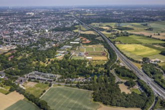 Aerial view, motorway junction 8 Mörs, motorway A40, Mörser TV Hockey, TPM Tennis-Park Mörs, Mörs,