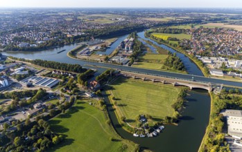 Aerial view, waterway junction Minden, river Weser, Mittellandkanal, Nordstadt, Minden,