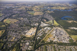Aerial view, Rheinpreussen slagheap, forest lake, overview Utfort, Rheinberger Straße, Mörs, Ruhr