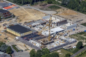 Aerial view, Berufskolleg für Technik Mörs, construction site of new school building,