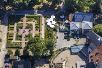 Aerial view, rose garden at Mörs Castle, Casa Leonardo, Mörs, Ruhr area, North Rhine-Westphalia,