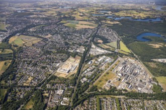 Aerial view, Rheinpreussen slagheap, forest lake, overview Utfort, Rheinberger Straße, Mörs, Ruhr