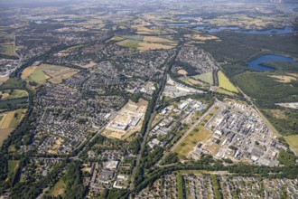 Aerial view, Rheinpreussen slagheap, forest lake, overview Utfort, Rheinberger Straße, Mörs, Ruhr