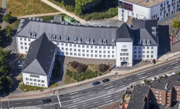 Aerial view, town hall Mörs, Stadtgraben, Unterwallstraße, Mörs, Ruhr area, North Rhine-Westphalia,