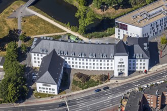 Aerial view, town hall Mörs, Stadtgraben, Unterwallstraße, Mörs, Ruhr area, North Rhine-Westphalia,