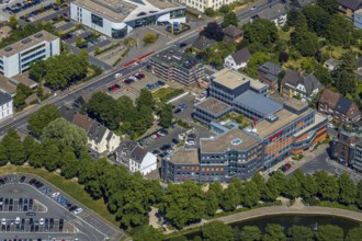 Aerial view, Sparkasse Ostring, scaffolding building Wilhelm-Schroeder-Straße 1, Mörs, Ruhr area,