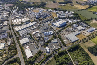 Aerial view, commercial area Moers-Hülsdonk, industrial area, Repelener Straße, Rheurdter Straße,
