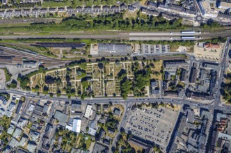 Aerial view, centre of Mörs, former goods station, railway tracks, cemetery Mörs, miners'