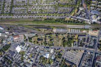 Aerial view, centre of Mörs, former goods station, railway tracks, cemetery Mörs, miners'