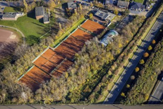 Aerial view, tree avenue, tennis court TC Asberg, Am Sportpark, Moers-Asberg, Mörs, Ruhr area,