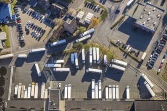 Aerial view, trucks at Edeka logistics centre, Moers-Asberg, Moers, Ruhr area, North