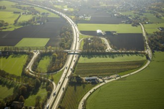 Aerial view, motorway A57, junction Moers-Kapellen, Kapellen-Achterathsheide, Mörs, Ruhr area,