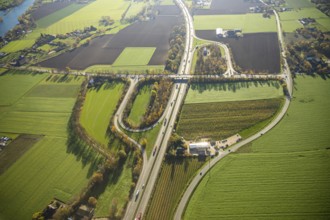 Aerial view, motorway A57, junction Moers-Kapellen, Kapellen-Achterathsheide, Mörs, Ruhr area,