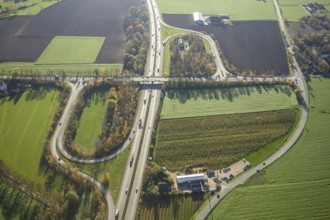 Aerial view, motorway A57, junction Moers-Kapellen, Kapellen-Achterathsheide, Mörs, Ruhr area,