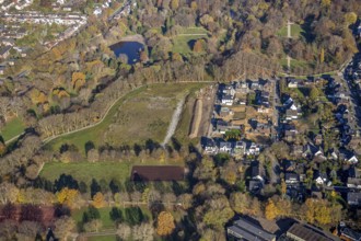 Aerial view, construction site new building An den Filder Benden, palace gardens Mörs, municipal